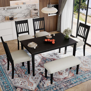 English Elm 6-piece Farmhouse Dining Set Oak Veneer Table Rubberwood Legs 4 Chairs and Bench Grey N752S000031E