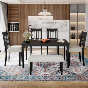 English Elm 6-piece Farmhouse Dining Set Oak Veneer Table Rubberwood Legs 4 Chairs and Bench Grey N752S000031E