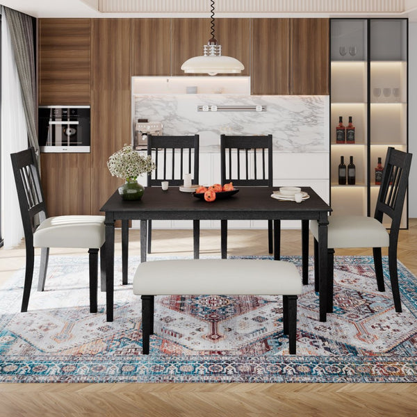 English Elm 6-piece Farmhouse Dining Set Oak Veneer Table Rubberwood Legs 4 Chairs and Bench Grey N752S000031E