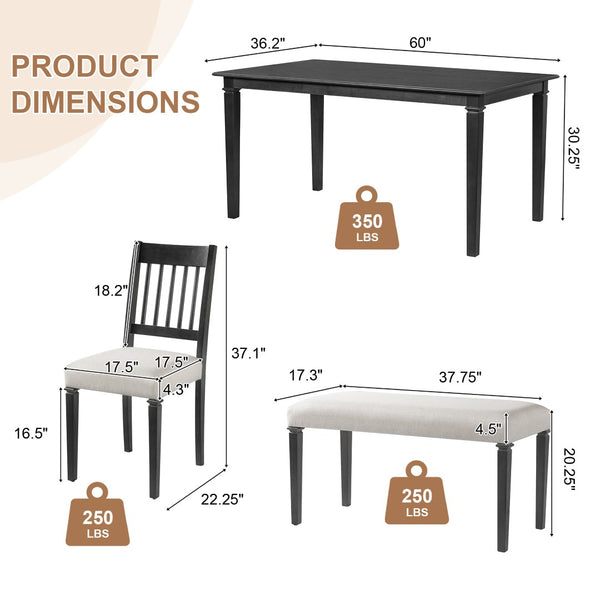 English Elm 6-piece Farmhouse Dining Set Oak Veneer Table Rubberwood Legs 4 Chairs and Bench Grey N752S000031E