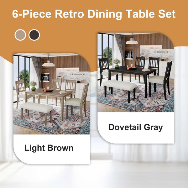 English Elm 6-piece Farmhouse Dining Set Oak Veneer Table Rubberwood Legs 4 Chairs and Bench Grey N752S000031E