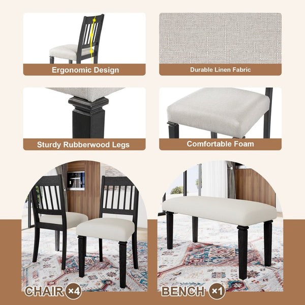 English Elm 6-piece Farmhouse Dining Set Oak Veneer Table Rubberwood Legs 4 Chairs and Bench Grey N752S000031E