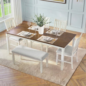 English Elm 6-Piece Farmhouse Dining Set Oak Veneer Extendable Table Upholstered Chairs Bench Brown+Beige N752S000058D