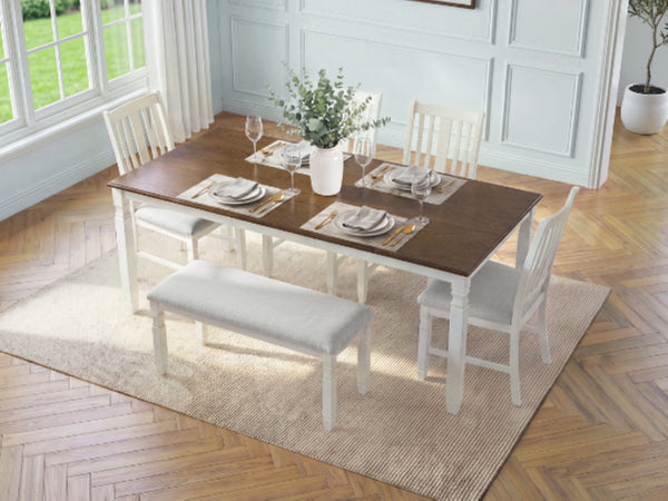 English Elm 6-Piece Farmhouse Dining Set Oak Veneer Extendable Table Upholstered Chairs Bench Brown+Beige N752S000058D