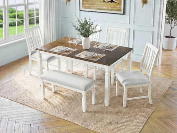 English Elm 6-Piece Farmhouse Dining Set Oak Veneer Extendable Table Upholstered Chairs Bench Brown+Beige N752S000058D