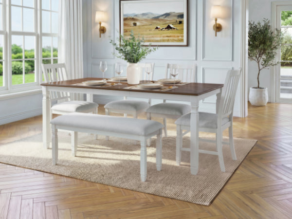 English Elm 6-Piece Farmhouse Dining Set Oak Veneer Extendable Table Upholstered Chairs Bench Brown+Beige N752S000058D