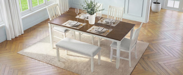 English Elm 6-Piece Farmhouse Dining Set Oak Veneer Extendable Table Upholstered Chairs Bench Brown+Beige N752S000058D