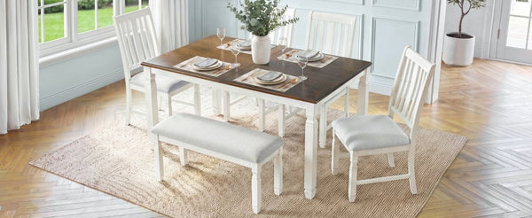 English Elm 6-Piece Farmhouse Dining Set Oak Veneer Extendable Table Upholstered Chairs Bench Brown+Beige N752S000058D