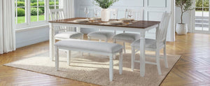 English Elm 6-Piece Farmhouse Dining Set Oak Veneer Extendable Table Upholstered Chairs Bench Brown+Beige N752S000058D