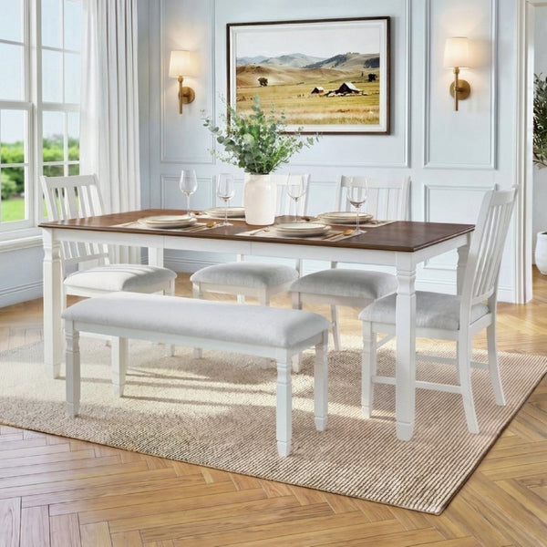 English Elm 6-Piece Farmhouse Dining Set Oak Veneer Extendable Table Upholstered Chairs Bench Brown+Beige N752S000058D