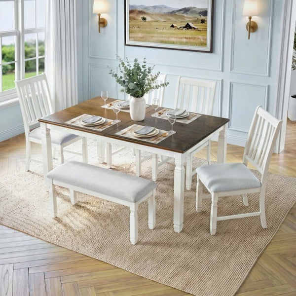 English Elm 6-Piece Farmhouse Dining Set Oak Veneer Extendable Table Upholstered Chairs Bench Brown+Beige N752S000058D