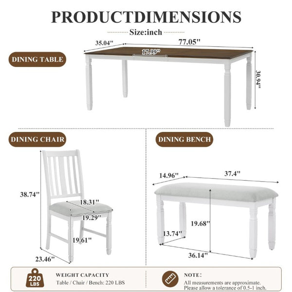 English Elm 6-Piece Farmhouse Dining Set Oak Veneer Extendable Table Upholstered Chairs Bench Brown+Beige N752S000058D
