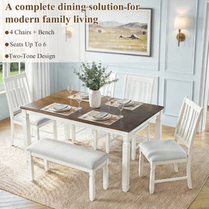 English Elm 6-Piece Farmhouse Dining Set Oak Veneer Extendable Table Upholstered Chairs Bench Brown+Beige N752S000058D