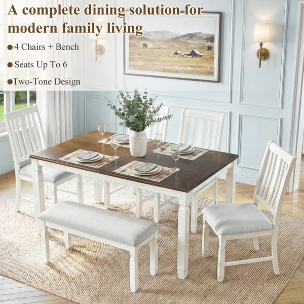 English Elm 6-Piece Farmhouse Dining Set Oak Veneer Extendable Table Upholstered Chairs Bench Brown+Beige N752S000058D