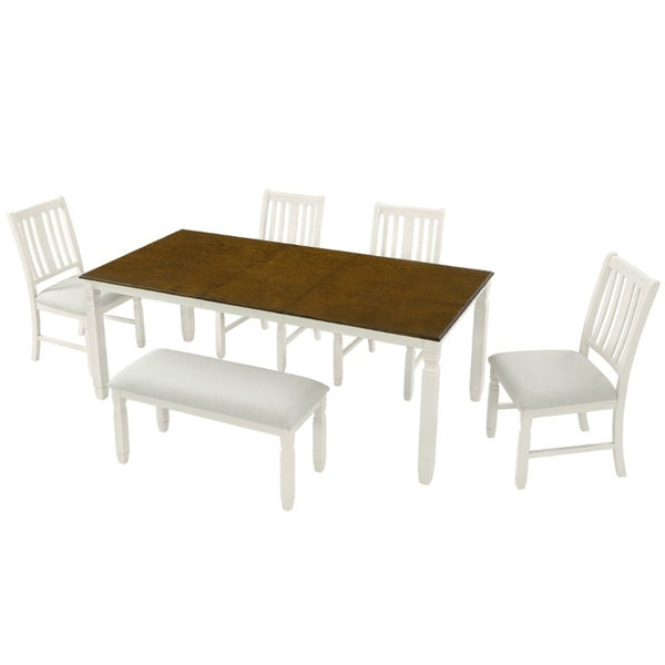 English Elm 6-Piece Farmhouse Dining Set Oak Veneer Extendable Table Upholstered Chairs Bench Brown+Beige N752S000058D