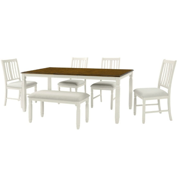 English Elm 6-Piece Farmhouse Dining Set Oak Veneer Extendable Table Upholstered Chairs Bench Brown+Beige N752S000058D