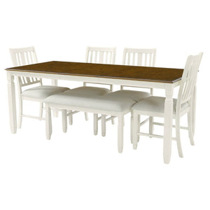 English Elm 6-Piece Farmhouse Dining Set Oak Veneer Extendable Table Upholstered Chairs Bench Brown+Beige N752S000058D