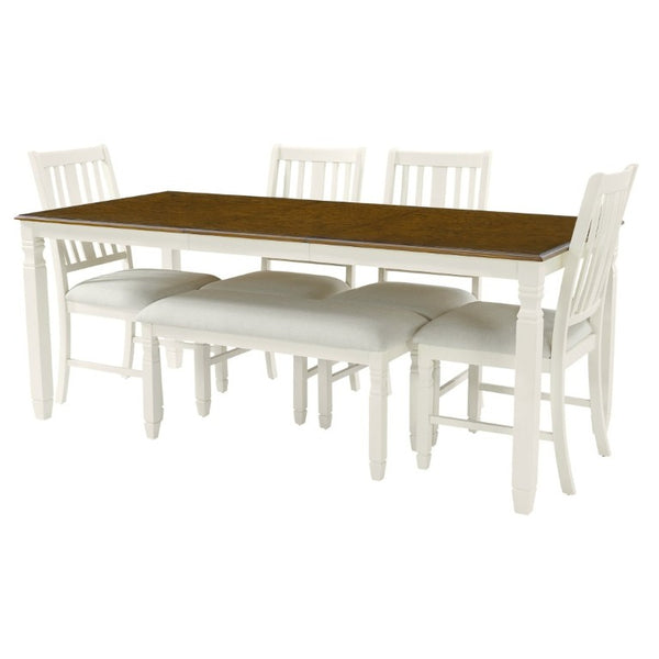 English Elm 6-Piece Farmhouse Dining Set Oak Veneer Extendable Table Upholstered Chairs Bench Brown+Beige N752S000058D