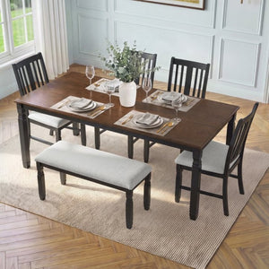 English Elm 6-Piece Farmhouse Dining Set Oak Veneer Extendable Table Upholstered Chairs Bench Espresso+Black N752S000058P