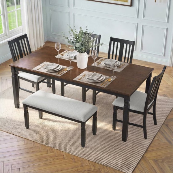 English Elm 6-Piece Farmhouse Dining Set Oak Veneer Extendable Table Upholstered Chairs Bench Espresso+Black N752S000058P