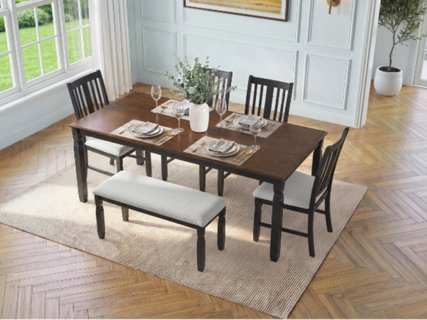 English Elm 6-Piece Farmhouse Dining Set Oak Veneer Extendable Table Upholstered Chairs Bench Espresso+Black N752S000058P