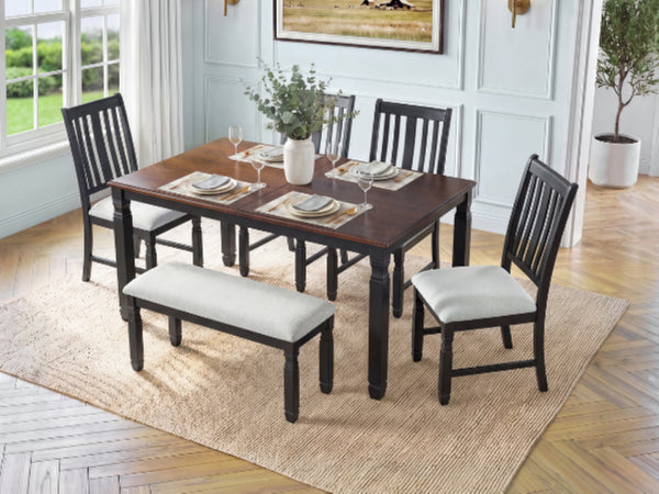 English Elm 6-Piece Farmhouse Dining Set Oak Veneer Extendable Table Upholstered Chairs Bench Espresso+Black N752S000058P
