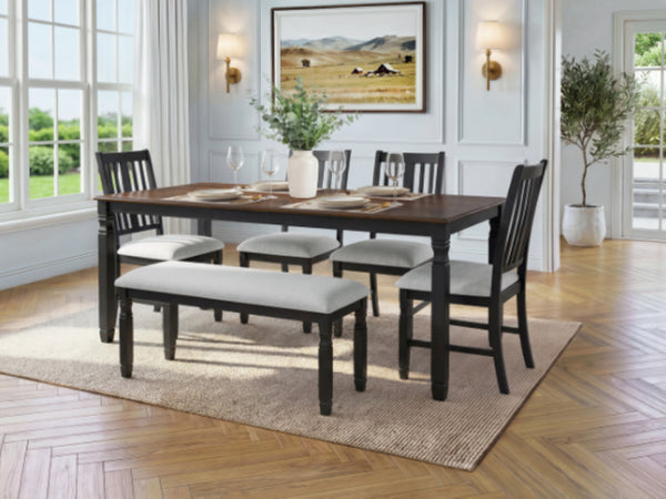 English Elm 6-Piece Farmhouse Dining Set Oak Veneer Extendable Table Upholstered Chairs Bench Espresso+Black N752S000058P