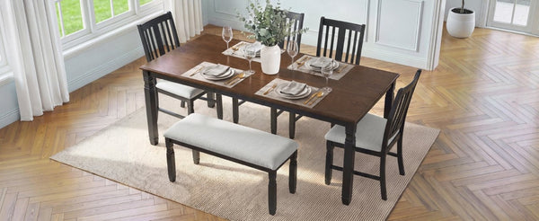 English Elm 6-Piece Farmhouse Dining Set Oak Veneer Extendable Table Upholstered Chairs Bench Espresso+Black N752S000058P