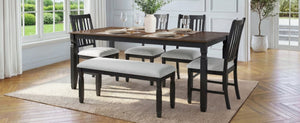 English Elm 6-Piece Farmhouse Dining Set Oak Veneer Extendable Table Upholstered Chairs Bench Espresso+Black N752S000058P