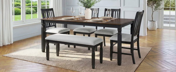 English Elm 6-Piece Farmhouse Dining Set Oak Veneer Extendable Table Upholstered Chairs Bench Espresso+Black N752S000058P