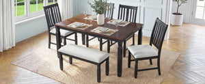 English Elm 6-Piece Farmhouse Dining Set Oak Veneer Extendable Table Upholstered Chairs Bench Espresso+Black N752S000058P