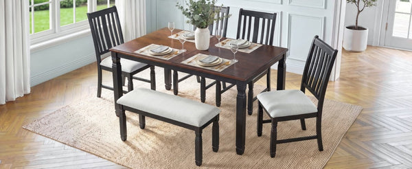 English Elm 6-Piece Farmhouse Dining Set Oak Veneer Extendable Table Upholstered Chairs Bench Espresso+Black N752S000058P