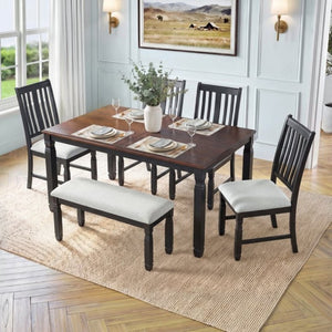 English Elm 6-Piece Farmhouse Dining Set Oak Veneer Extendable Table Upholstered Chairs Bench Espresso+Black N752S000058P