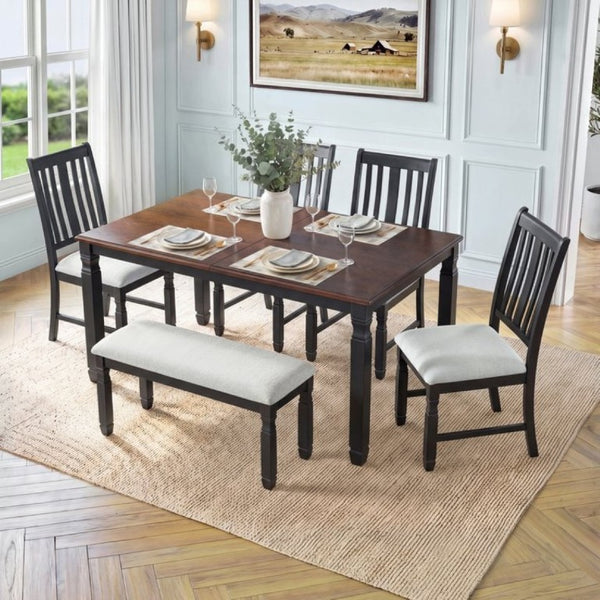 English Elm 6-Piece Farmhouse Dining Set Oak Veneer Extendable Table Upholstered Chairs Bench Espresso+Black N752S000058P