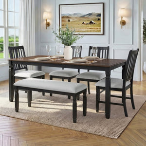 English Elm 6-Piece Farmhouse Dining Set Oak Veneer Extendable Table Upholstered Chairs Bench Espresso+Black N752S000058P