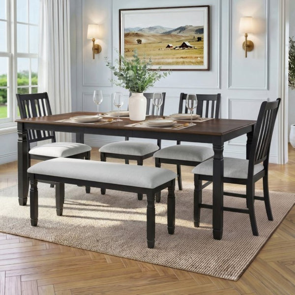 English Elm 6-Piece Farmhouse Dining Set Oak Veneer Extendable Table Upholstered Chairs Bench Espresso+Black N752S000058P