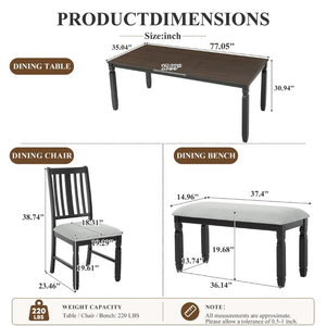 English Elm 6-Piece Farmhouse Dining Set Oak Veneer Extendable Table Upholstered Chairs Bench Espresso+Black N752S000058P
