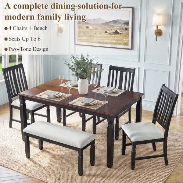 English Elm 6-Piece Farmhouse Dining Set Oak Veneer Extendable Table Upholstered Chairs Bench Espresso+Black N752S000058P