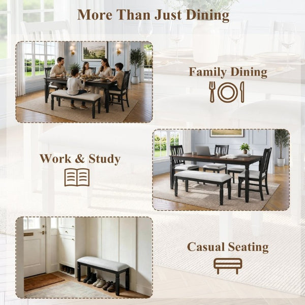 English Elm 6-Piece Farmhouse Dining Set Oak Veneer Extendable Table Upholstered Chairs Bench Espresso+Black N752S000058P