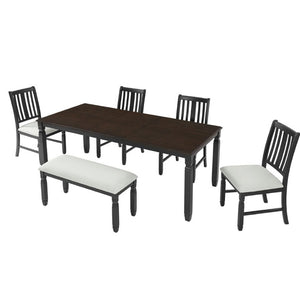 English Elm 6-Piece Farmhouse Dining Set Oak Veneer Extendable Table Upholstered Chairs Bench Espresso+Black N752S000058P
