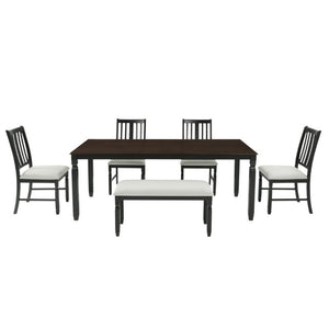 English Elm 6-Piece Farmhouse Dining Set Oak Veneer Extendable Table Upholstered Chairs Bench Espresso+Black N752S000058P