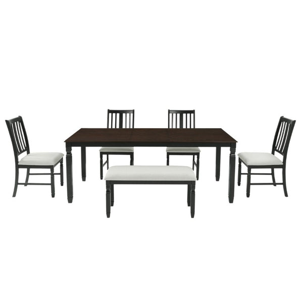 English Elm 6-Piece Farmhouse Dining Set Oak Veneer Extendable Table Upholstered Chairs Bench Espresso+Black N752S000058P