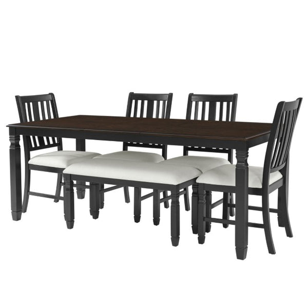 English Elm 6-Piece Farmhouse Dining Set Oak Veneer Extendable Table Upholstered Chairs Bench Espresso+Black N752S000058P