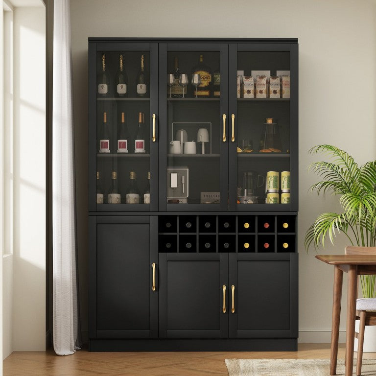 English Elm 70.87 Inch Tall Glass Door Wine Bar Cabinet with Rack and Gold Handles Modern Home Black+Gold 47.24 L x 15.75 W x 70.87 H N752S000072B