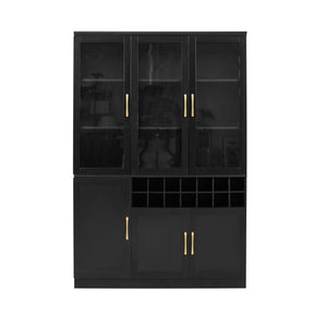 English Elm 70.87 Inch Tall Glass Door Wine Bar Cabinet with Rack and Gold Handles Modern Home Black+Gold 47.24 L x 15.75 W x 70.87 H N752S000072B
