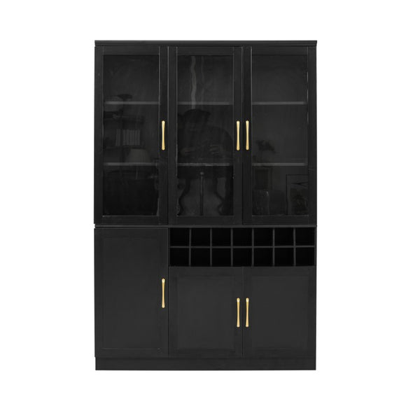 English Elm 70.87 Inch Tall Glass Door Wine Bar Cabinet with Rack and Gold Handles Modern Home Black+Gold 47.24 L x 15.75 W x 70.87 H N752S000072B
