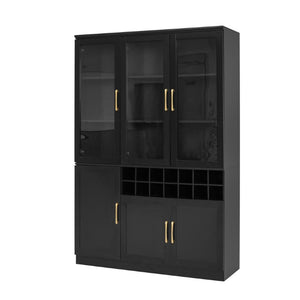 English Elm 70.87 Inch Tall Glass Door Wine Bar Cabinet with Rack and Gold Handles Modern Home Black+Gold 47.24 L x 15.75 W x 70.87 H N752S000072B