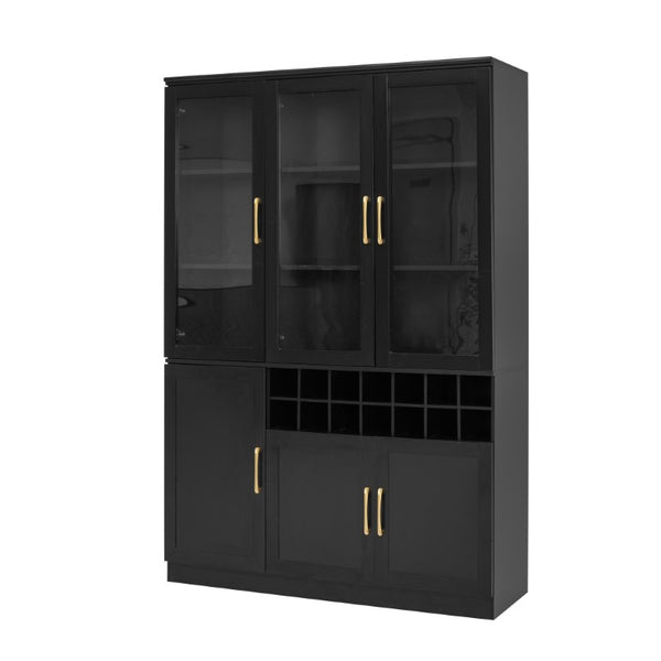 English Elm 70.87 Inch Tall Glass Door Wine Bar Cabinet with Rack and Gold Handles Modern Home Black+Gold 47.24 L x 15.75 W x 70.87 H N752S000072B