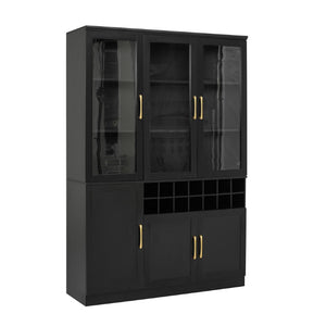 English Elm 70.87 Inch Tall Glass Door Wine Bar Cabinet with Rack and Gold Handles Modern Home Black+Gold 47.24 L x 15.75 W x 70.87 H N752S000072B