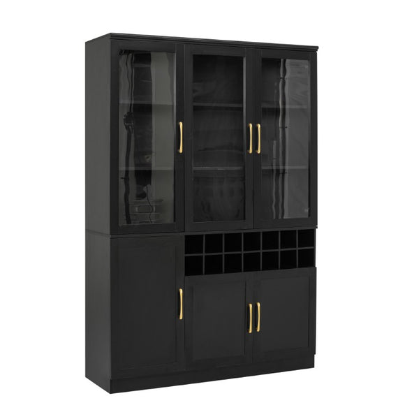 English Elm 70.87 Inch Tall Glass Door Wine Bar Cabinet with Rack and Gold Handles Modern Home Black+Gold 47.24 L x 15.75 W x 70.87 H N752S000072B